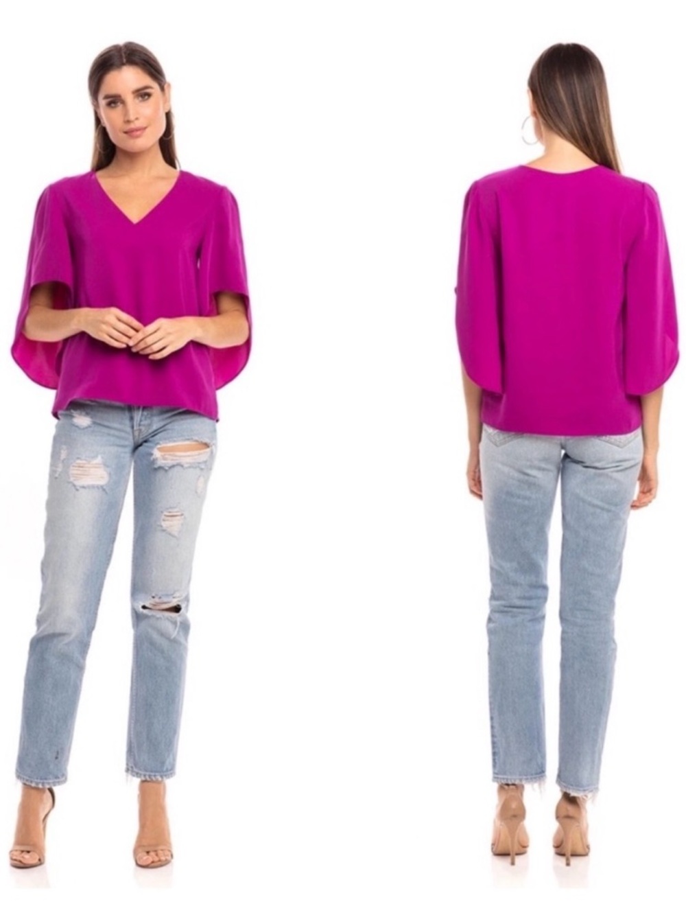Anna Cate NEW Fuchsia Carmine Pink  Nina 
V-Neck Flutter Sleeve Blouse Medium